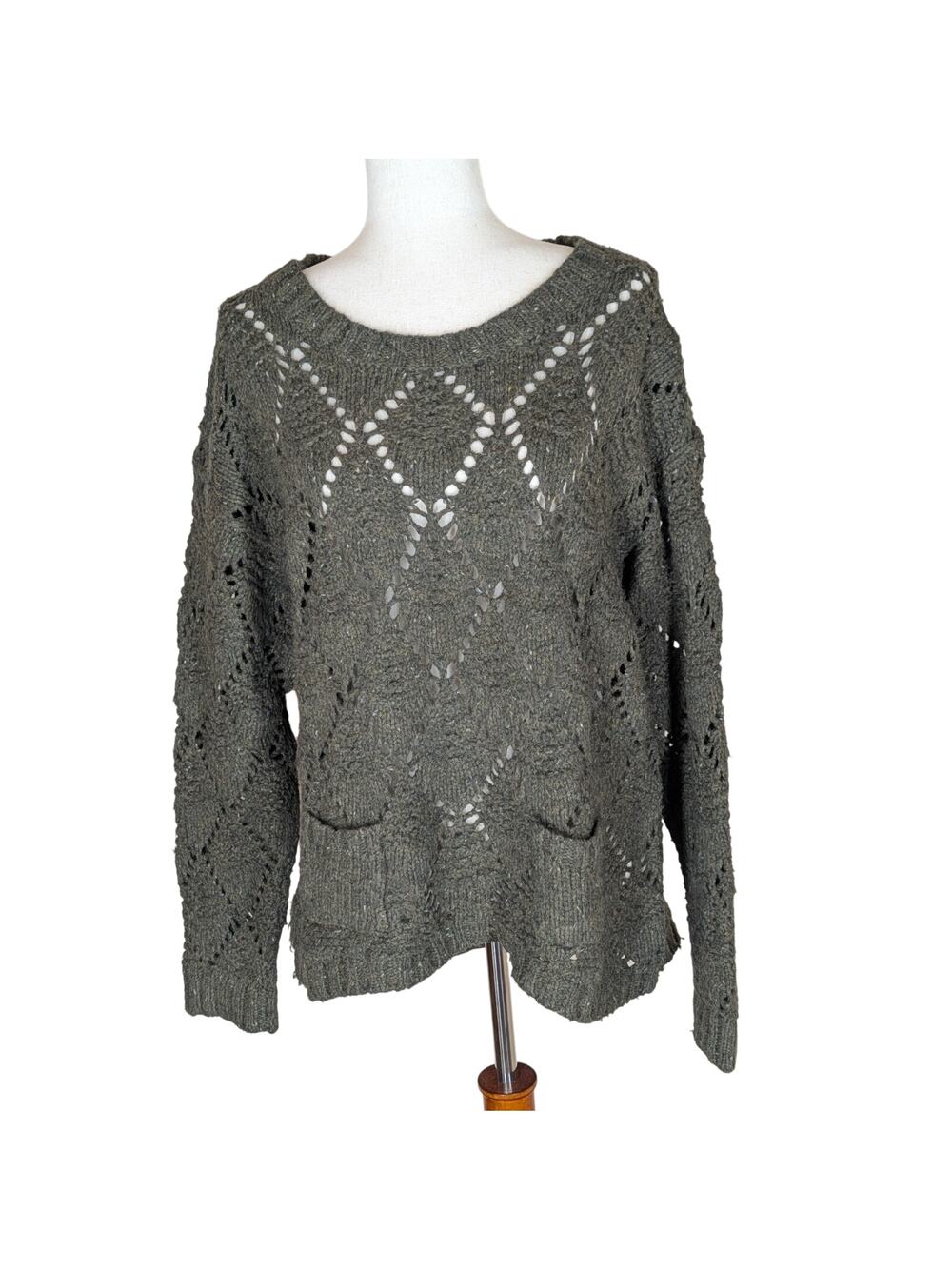 RUFF HEWN sz L Olive Green Chunky Open Knit Ladies Sweater Pullover Wool Blend